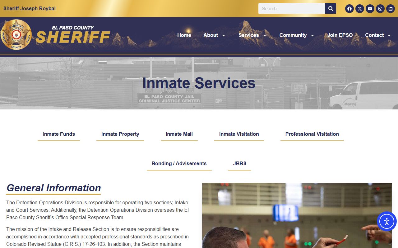 El Paso County Sheriff inmate services page