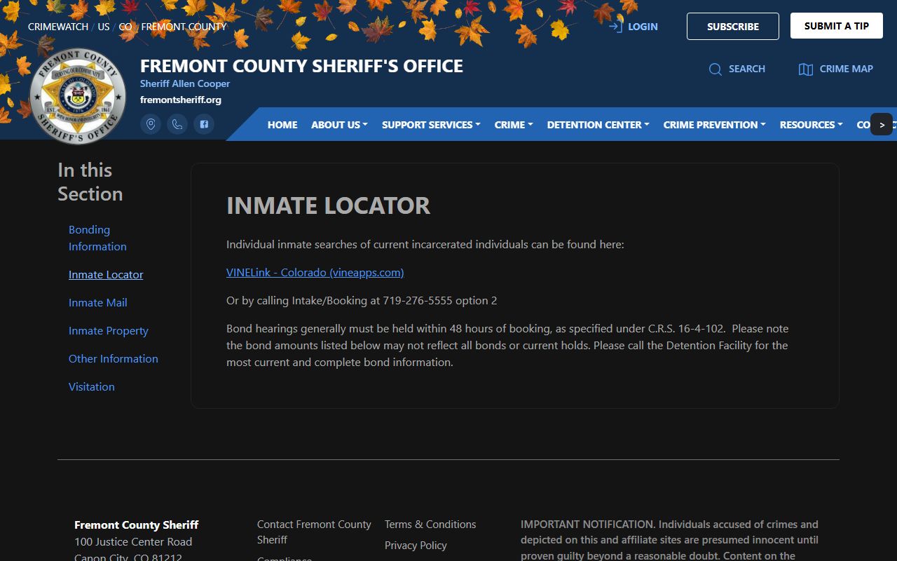 Fremont County Sheriff inmate locator page
